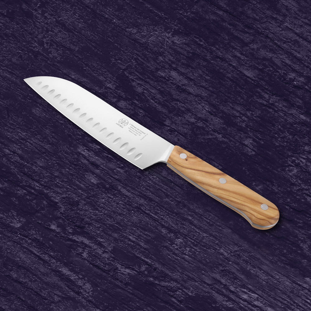 
                  
                    Santoku Knife  Hollow Edge Blade 7.08” - N690 Stainless Steel - Hrc 60 - Olive Wood Handle
                  
                