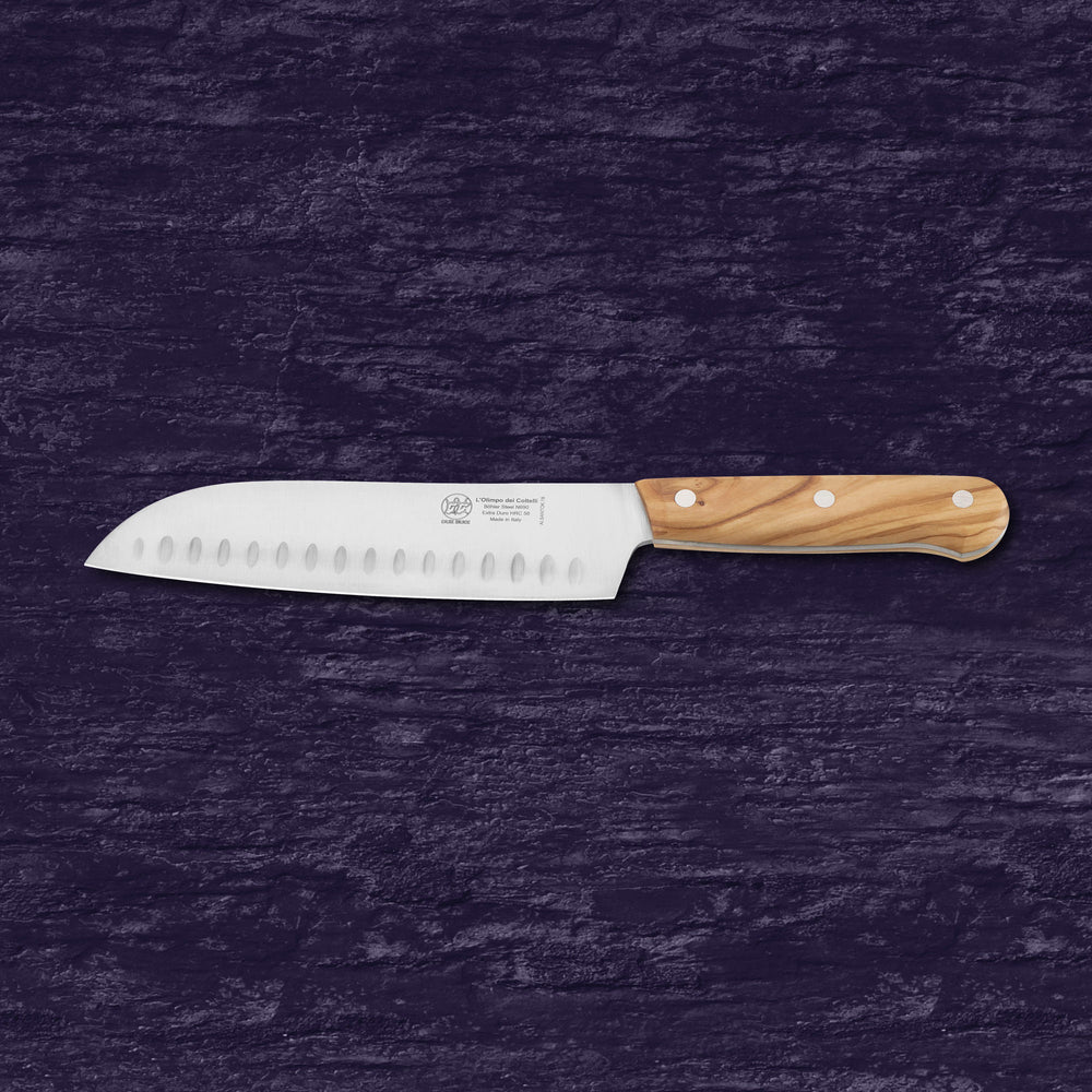 DUE BUOI | Santoku Knife  Granton Edge Blade 7.08” - N690 Stainless Steel - Hrc 60 - Olive Wood Handle
