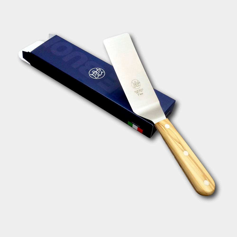 9443）DUE BUOI スパチュラ　幅７．６ｃｍ ターナー・フライ返し DUE BUOI | Flexible Narrow Offset Spatula - Olive Wood Handle