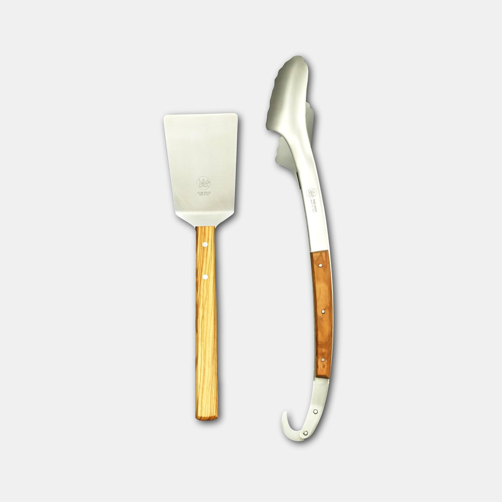 
                  
                    BBQ Set: Wide Hamburger Spatula and 20" Long Tong. Both Pieces with Solid Olive Wood Handle
                  
                