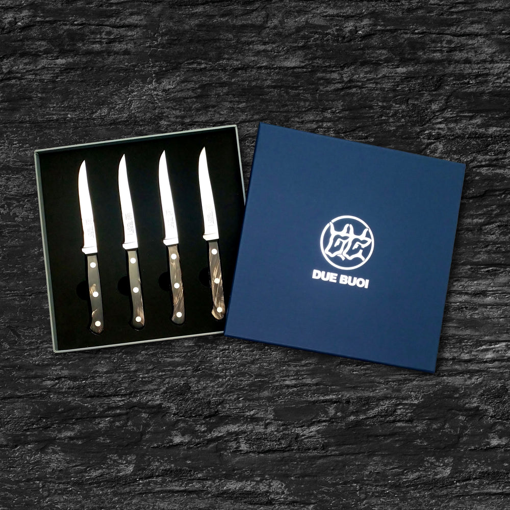 DUE BUOI | Set of Four Steak Knives - Plain Edge Blade 4.33” - Böhler n690 Stainless Steel - Hrc 58 - Streaked Buffalo Handle