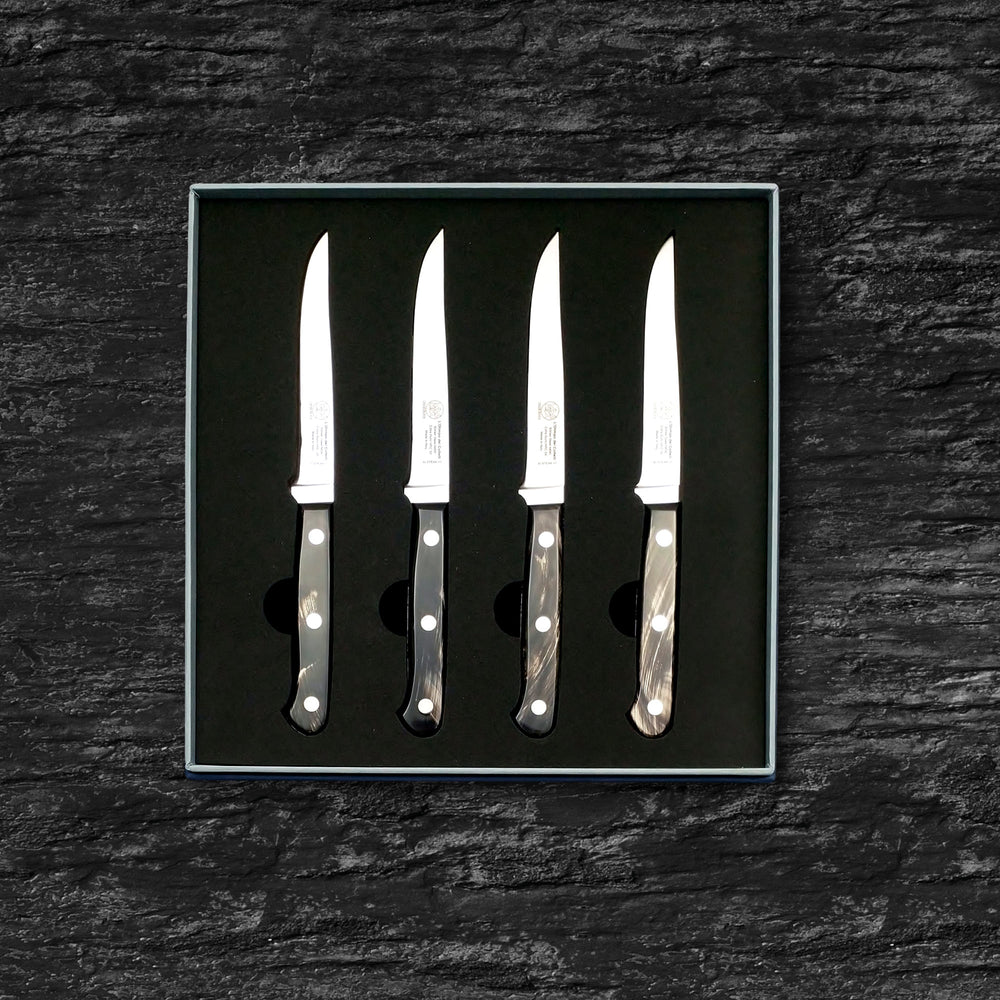 
                  
                    DUE BUOI | Set of Four Steak Knives - Plain Edge Blade 4.33” - Böhler n690 Stainless Steel - Hrc 58 - Streaked Buffalo Handle
                  
                