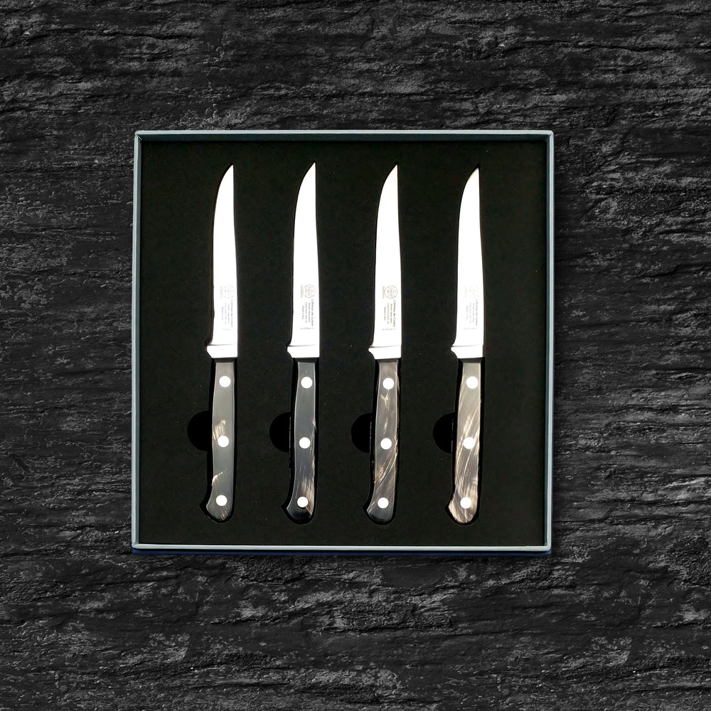 
                  
                    Set of Four Steak Knives - Plain Edge Blade 4.33” - Böhler n690 Stainless Steel - Hrc 58 - Streaked Buffalo Handle
                  
                