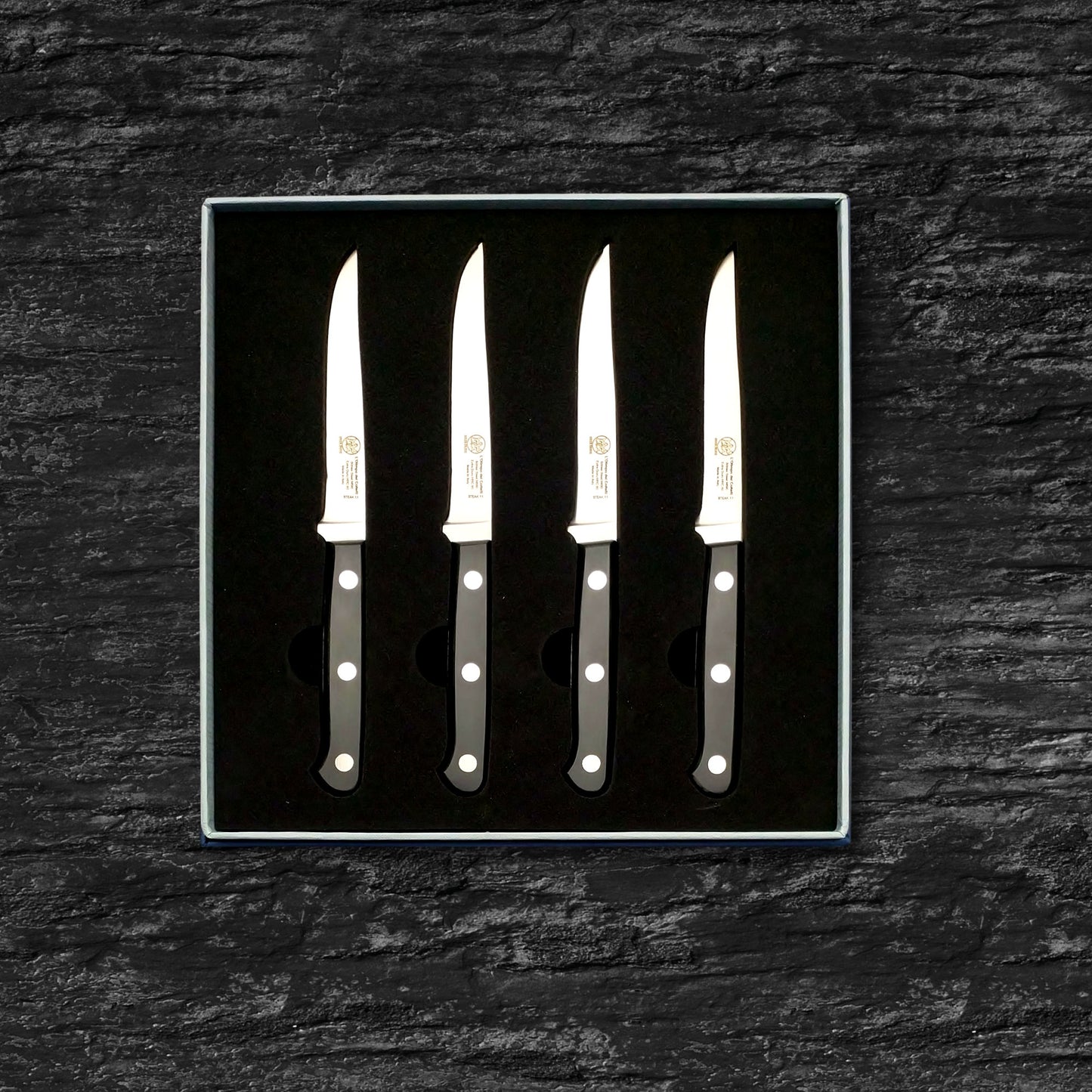 Set of Four Steak Knives - Plain Edge Blade 4.33” - Böhler N690 Stainless Steel - HRC 60 - Black Technical Polymer Handle