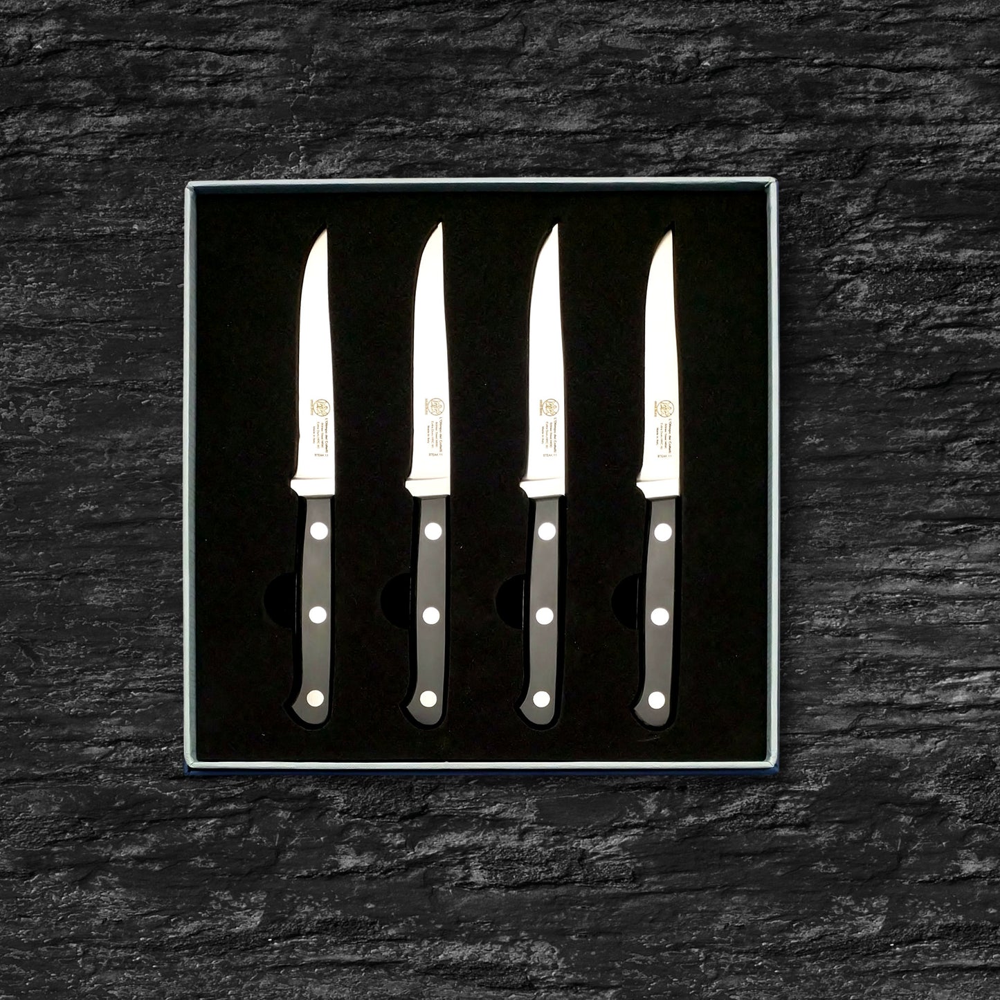 
                  
                    Set of Four Steak Knives - Plain Edge Blade 4.33” - Böhler n690 Stainless Steel - Hrc 60 - Black Technical Polymer Handle
                  
                