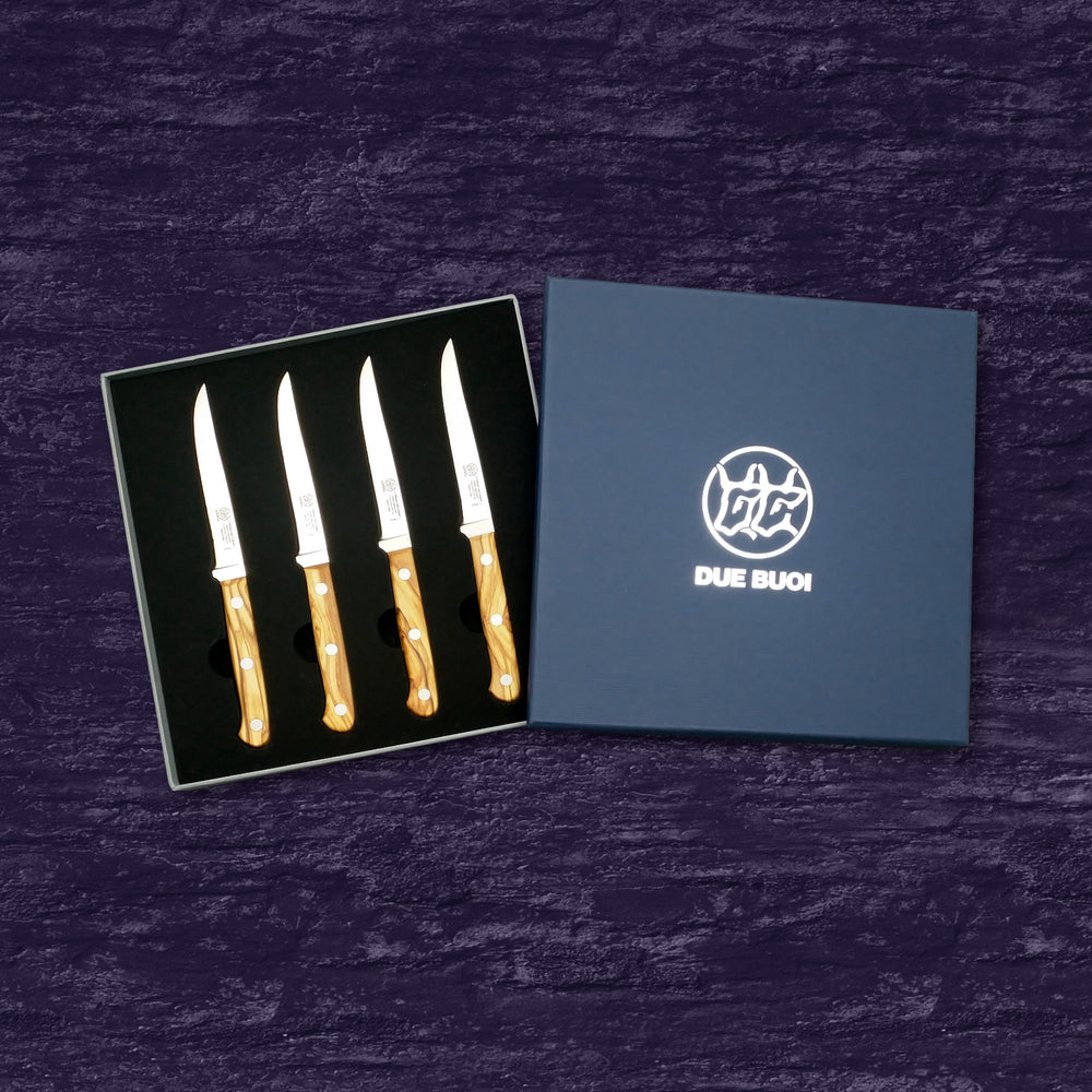 DUE BUOI | Set of Four Steak Knives - Plain Edge Blade 4.33” - Böhler n690 Stainless Steel - Hrc 60 - Olive Wood Handle