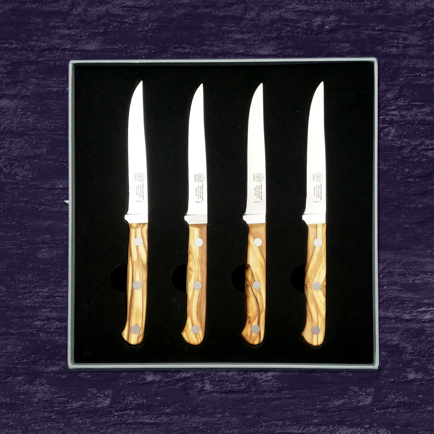 
                  
                    Set of Four Steak Knives - Plain Edge Blade 4.33” - Böhler n690 Stainless Steel - Hrc 60 - Olive Wood Handle
                  
                