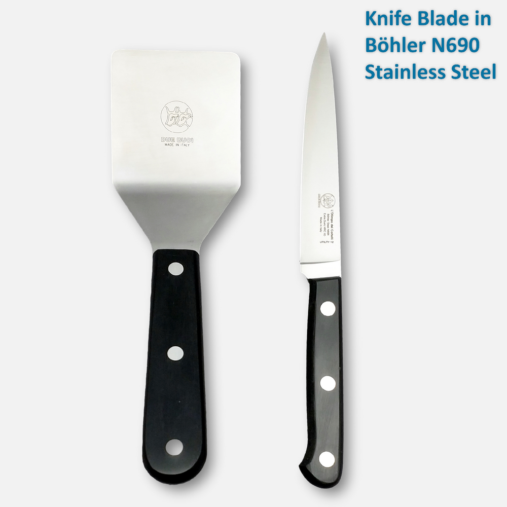 
                  
                    Set - Small Square Spatula and Olimpo Utility Knife with N690 Stainless Steel blade and Black Technopolymer handle | DUE BUOI
                  
                