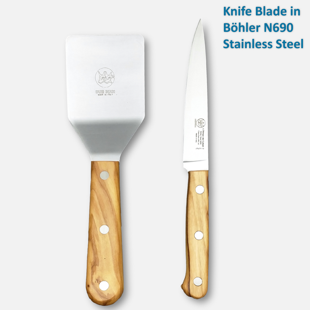 
                  
                    Set - Small Square Spatula and Olimpo Utility Knife with N690 Stainless Steel blade and Olive Wood handle | DUE BUOI
                  
                